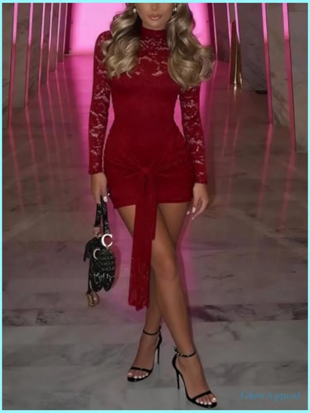 2 Piece Lace Bodycon Mini Dress Set Long Sleeve with Slip Dress Night Out